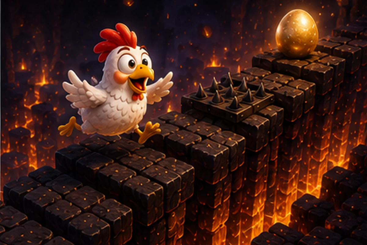Cartoon chicken approaching a glowing obstacle road over lava, illustrating the basic online Chicken Road play loop