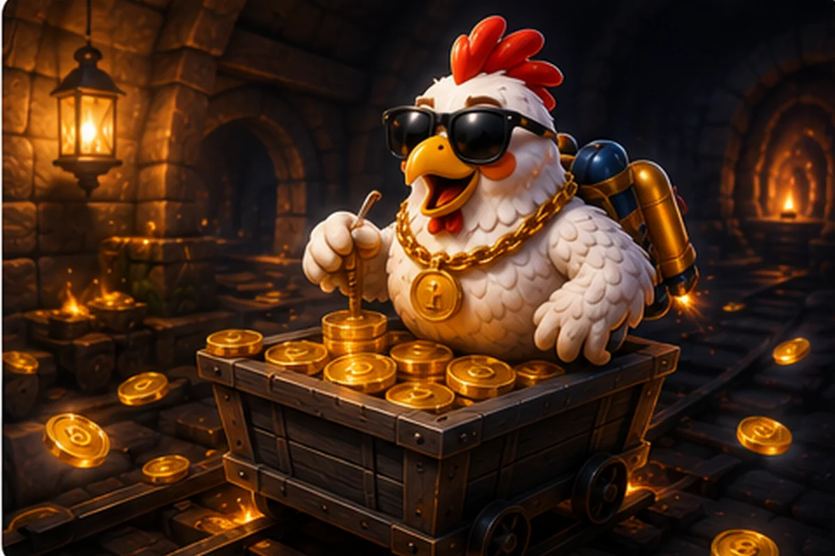 Confident cartoon chicken beside a cart of coins in a warm game-world setting, illustrating the moment before starting a session