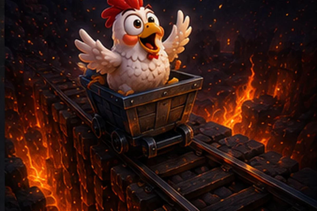 Cartoon chicken riding a mine cart along a glowing track above lava, illustrating forward progress through a first round