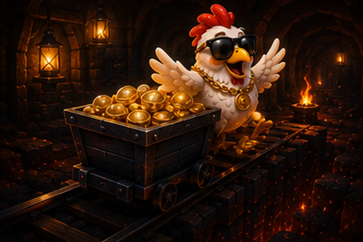 Cartoon chicken beside a loaded mine cart at a decision point, illustrating whether to stop or continue after progress