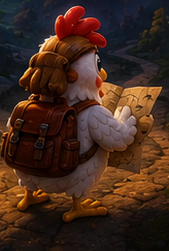Cartoon chicken with a backpack studying a map on a mountain trail, weighing which path to take before committing
